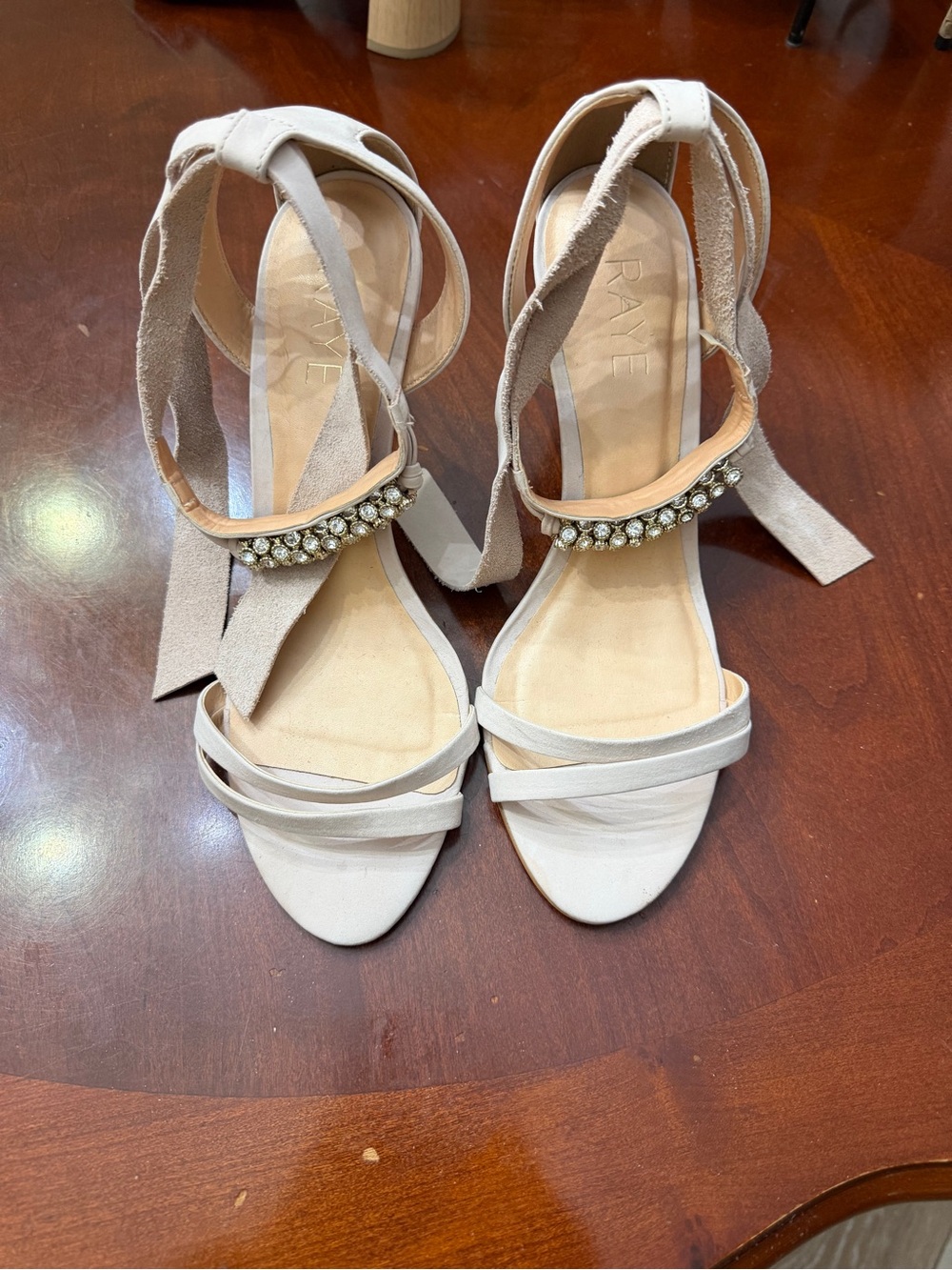 RAYE  by Revolve Ivory Suede Ankle Tie Sandals with Crystal Band